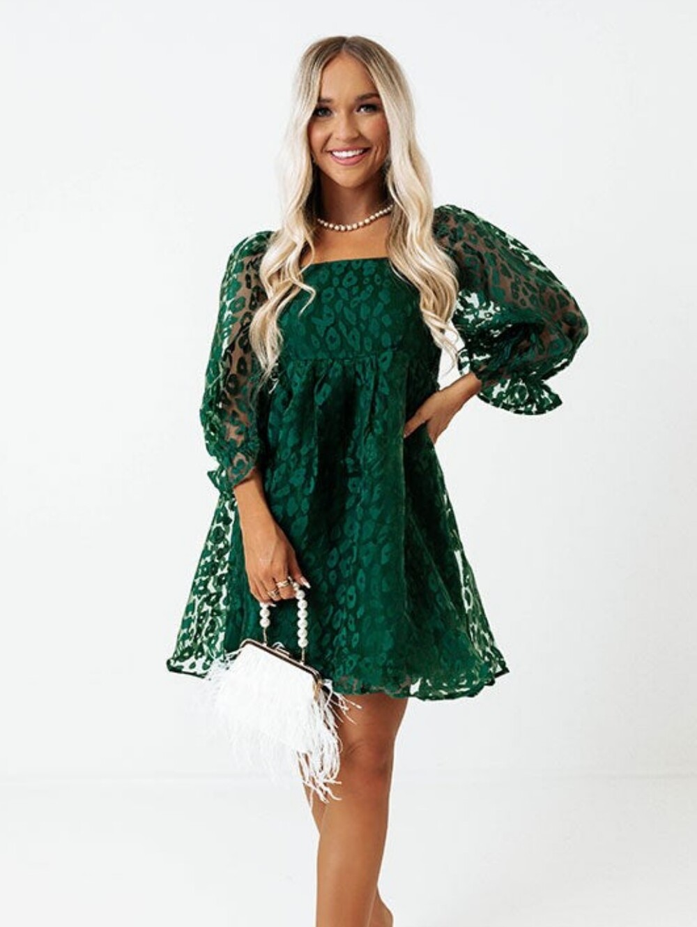 Entro Green Leopard Babydoll Puff Sleeve Mini Dress S